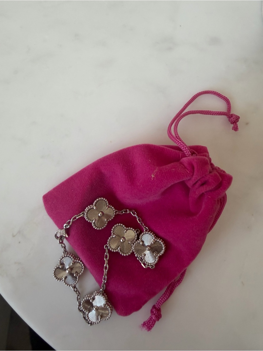 Silver Floral Link Bracelet with Pink Velvet Pouch
